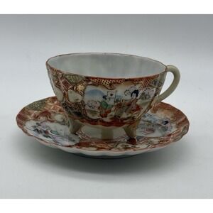 Antique Japanese Satsuma Porcelain Intricate Hand-Painted Cup & Saucer Set